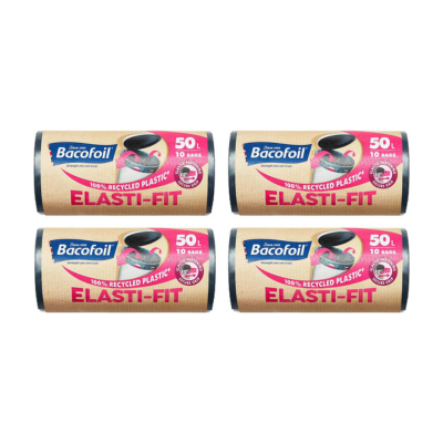 Bacofoil Elasti-Fit Bin Liners with Drawstring Handles 50L - Leak-Proof Bin Bag with Elastic Fastening for a Secure Fit (4 Rolls, 40 Bags)
